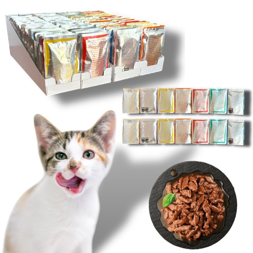 100x Mix veškerých kapsiček pro kočky, 85-100g, Výhodné balení