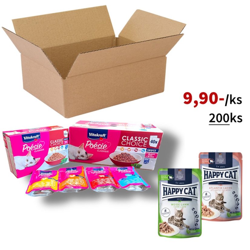 200x Mix kapsiček pro kočky Happy Cat + Vitakraft Poésie Classique, VÝHODNÉ BALENÍ
