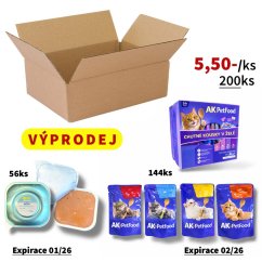 (EXPIRAČNÍ VÝPRODEJ) 200x Mix pro kočky, 4 druhy kapsiček (kousky masa v želé) 100g + vaničky (krémová paštika) 90g s duhovým lososem a aloe vera