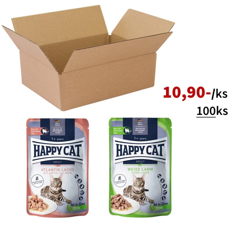 100x Happy Cat kapsičky, mix losos a jehněčí, VÝHODNÉ PRÉMIOVÉ BALENÍ