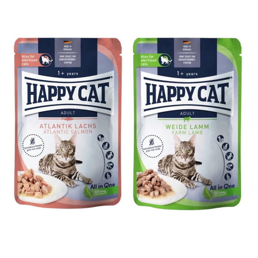 200x Happy Cat kapsičky, mix losos a jehněčí, VÝHODNÉ PRÉMIOVÉ BALENÍ