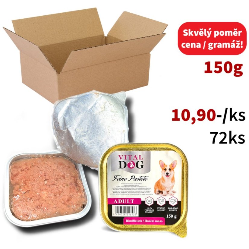 72x Vital Dog vaničky pro psy, hovězí paté 150g, VÝHODNÉ BALENÍ