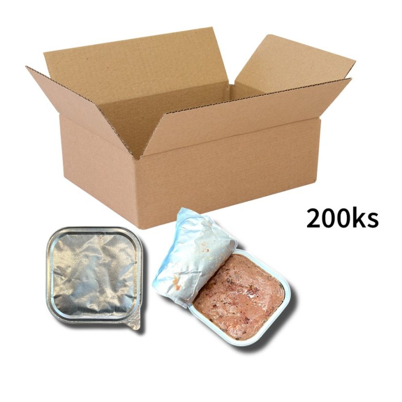 200x Vaničky pro kočky bez polepu, mix s krůtou, hovězím a telecím masem 100g (Mix paštik, paštiky se želé, kousky masa v omáčce/želé)