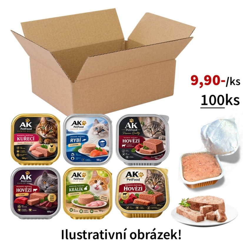 100x Paštiky pro kočky 100g, mix veškerých značek a druhů masa co máme skladem, VÝHODNÉ BALENÍ