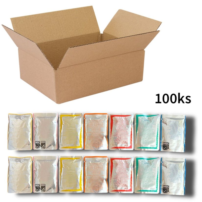100x Mix veškerých kapsiček pro kočky, 85-100g, Výhodné balení