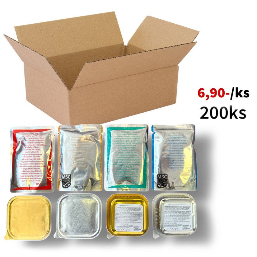 200x Mix kapsiček a vaniček pro kočky, bez polepu 85g - 100g, Výhodné balení