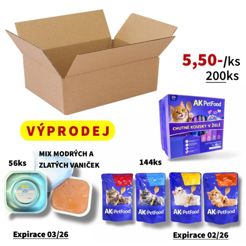 (EXPIRAČNÍ VÝPRODEJ) 200x Mix pro kočky, 4 druhy Coshida kapsiček (kousky masa v želé) 100g + vaničky (krémová paštika) 90g s duhovým lososem a aloe vera