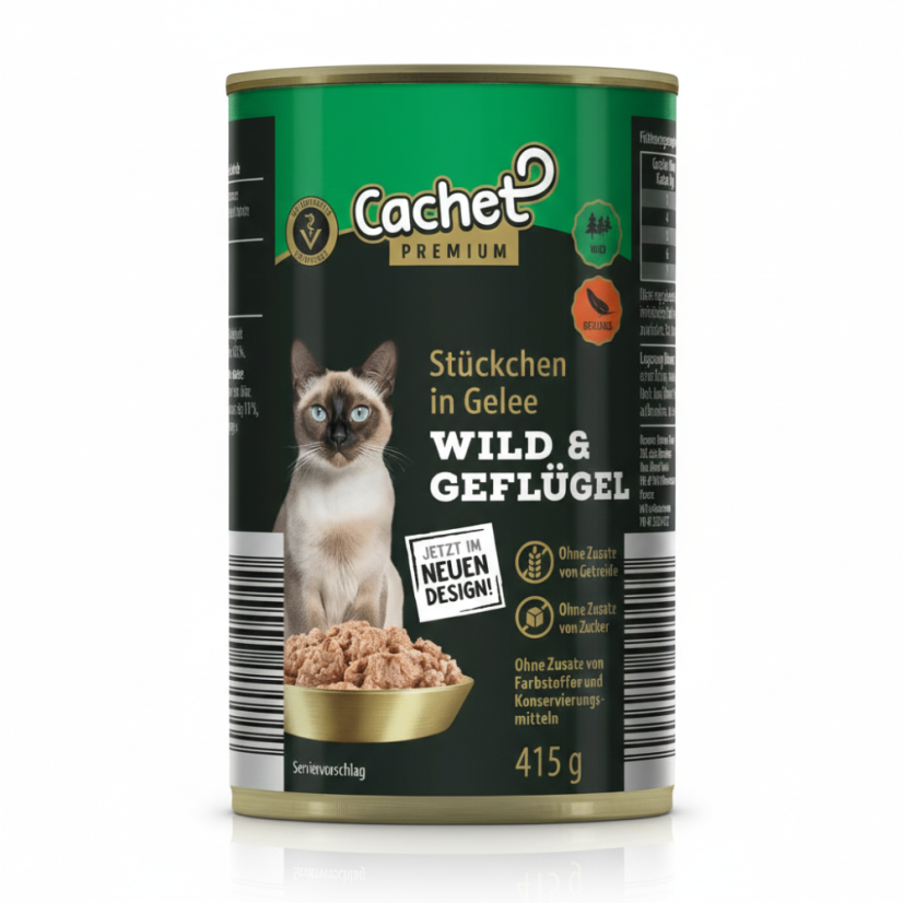 56x Konzervy pro kočky 415g Cachet Premium kousky masa v želé, 4 druhy, VÝHODNÉ PRÉMIOVÉ BALENÍ