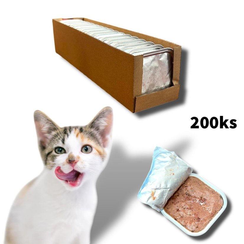 200x Vaničky pro kočky bez polepu, mix s krůtou, hovězím a telecím masem 100g