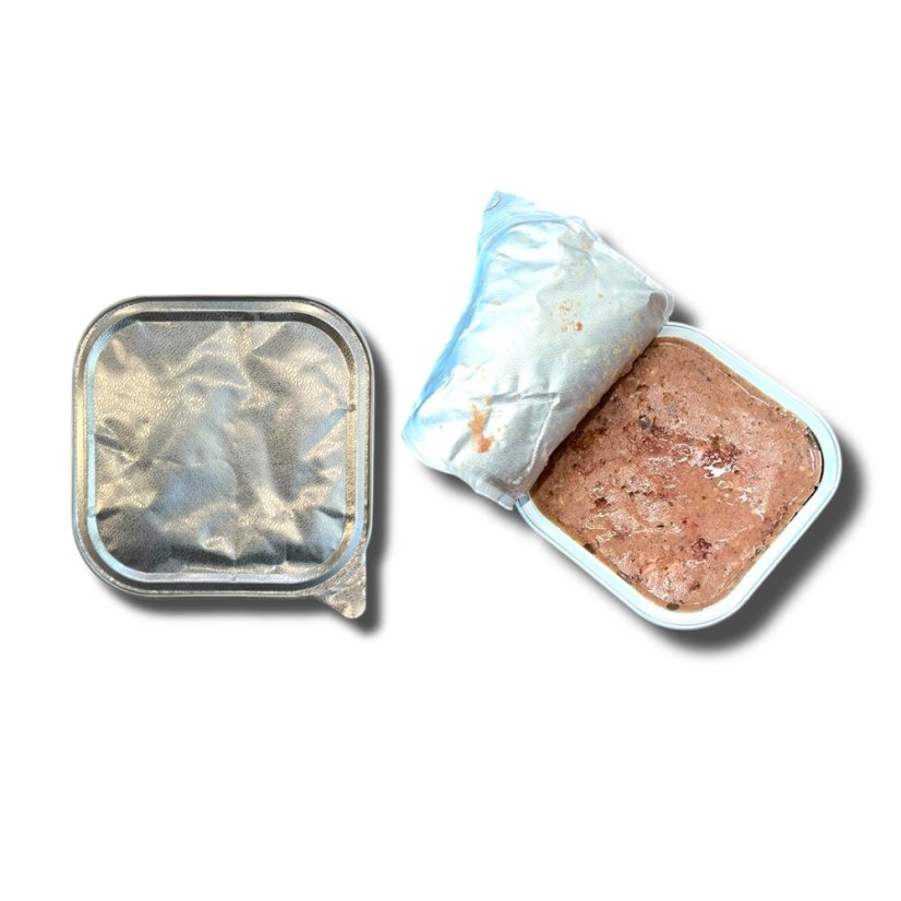 100x Vaničky pro kočky bez polepu, mix s krůtou, hovězím a telecím masem 100g