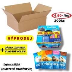 (AKČNÍ EXPIRAČNÍ VÝPRODEJ) 200x Coshida kapsičky pro kočky 100g, mix 4 druhy, kousky masa v želé, akční výhodné balení
