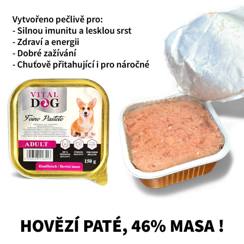72x Vital Dog vaničky pro psy, hovězí paté 150g, VÝHODNÉ BALENÍ
