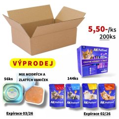 (EXPIRAČNÍ VÝPRODEJ) 200x Mix pro kočky, 4 druhy kapsiček (kousky masa v želé) 100g + vaničky (krémová paštika) 90g s duhovým lososem a aloe vera