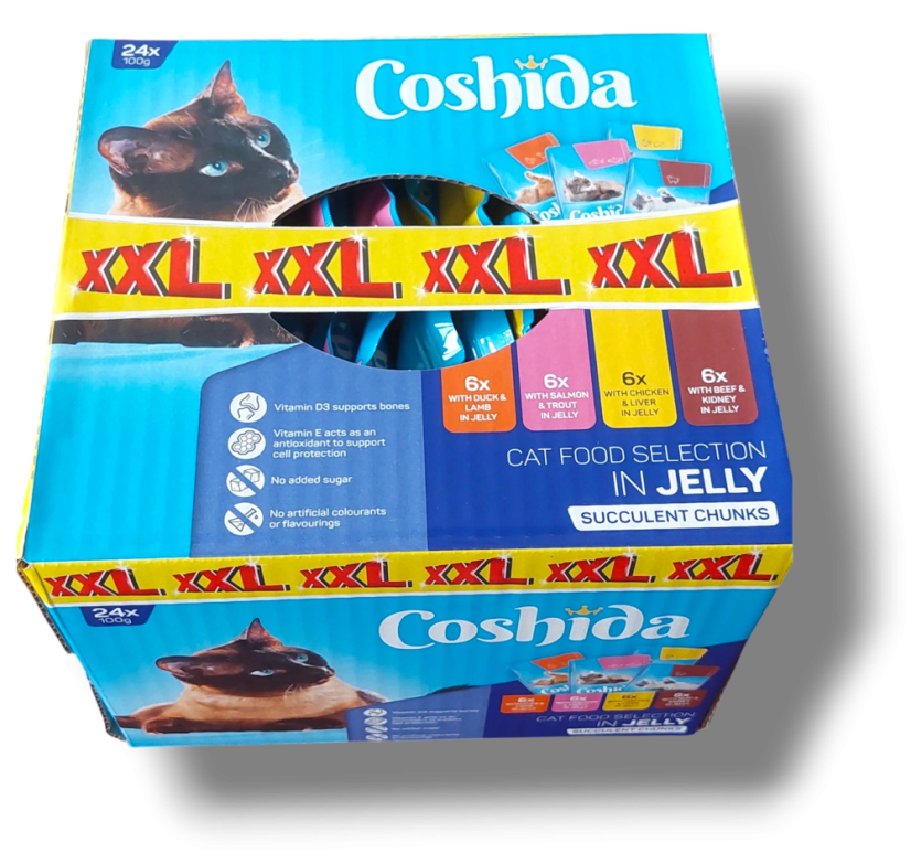 (AKČNÍ EXPIRAČNÍ VÝPRODEJ) 200x Coshida kapsičky pro kočky 100g, mix 4 druhy, kousky masa v želé, akční výhodné balení - Jaký dárek si přejete?: 5x Prémiové paštiky (hodnota 75,- Kč)