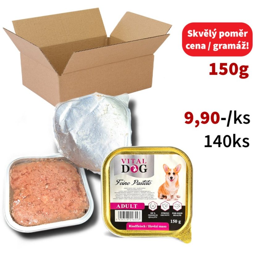 140x Vital Dog vaničky pro psy, hovězí paté 150g, VÝHODNÉ BALENÍ