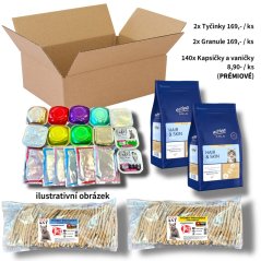 VŠEHOCHUŤ pro kočky, 140x mix kapsiček a vaniček (prémiové) + 2x granule Activa Gold 1,5kg + 2x tyčinky kuře a losos 1kg