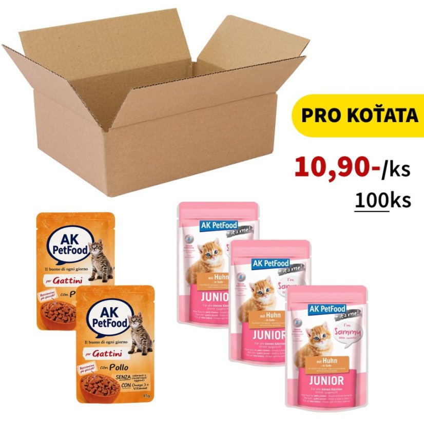 100x Kapsičky pro koťata, kousky masa v omáčce - kuřecí, dva druhy, VÝHODNÉ PRÉMIOVÉ BALENÍ