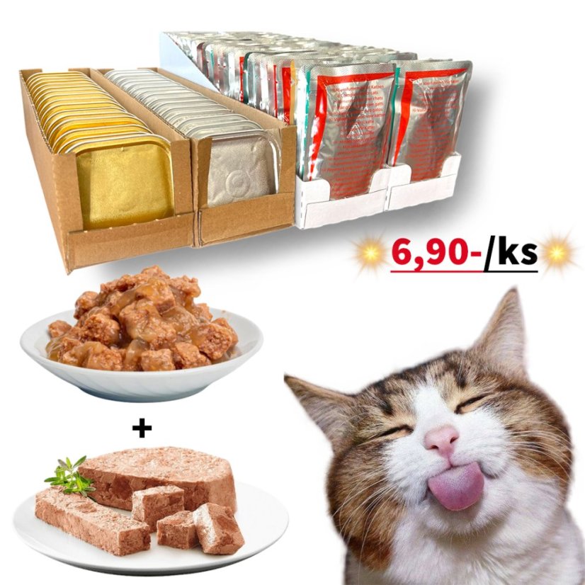 100x Mix kapsiček a vaniček pro kočky, bez polepu 85g - 100g, Výhodné balení