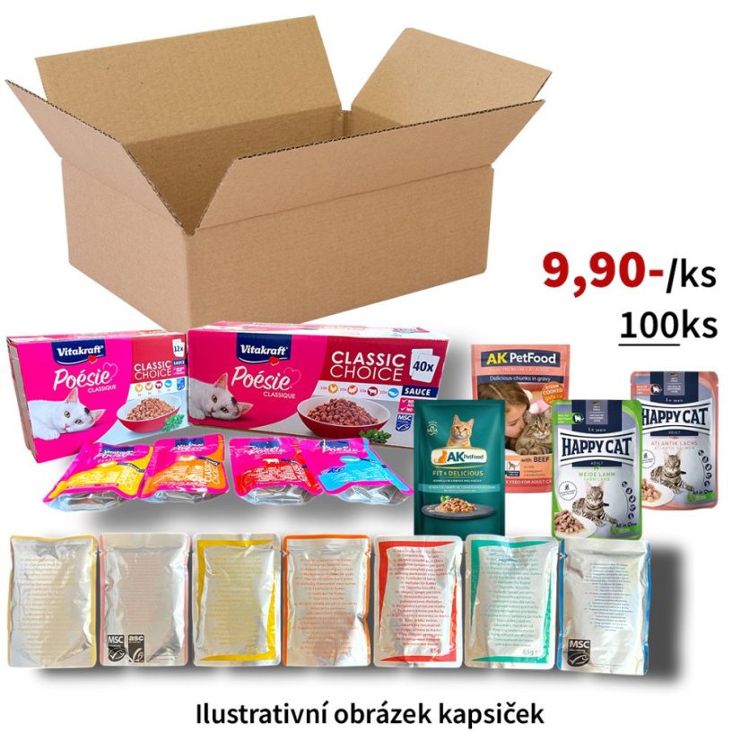 100x Totální mix veškerých druhů a značek kapsiček pro kočky co máme skladem, VÝHODNÉ BALENÍ