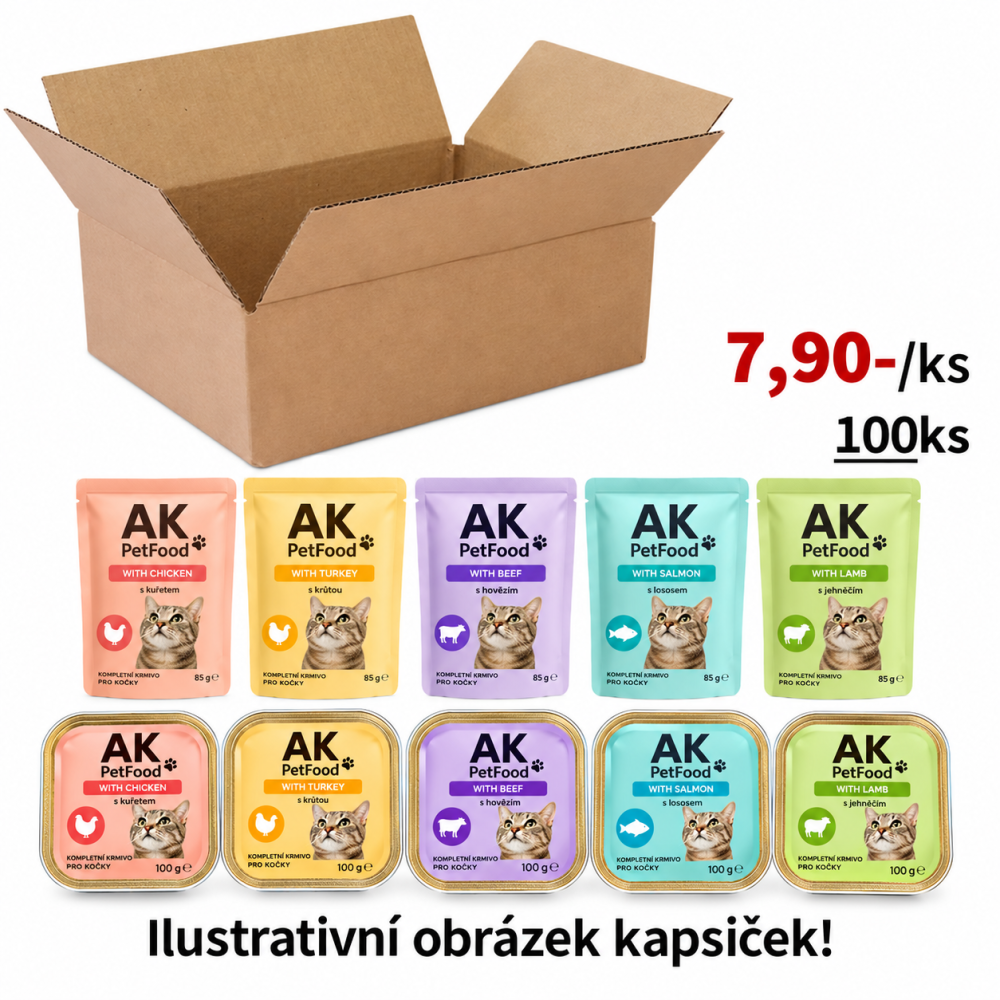 100x Kapsičky a vaničky pro kočky, mix značek nadnárodních řetězců ...