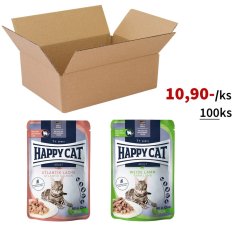 100x Happy Cat kapsičky, mix losos a jehněčí, VÝHODNÉ PRÉMIOVÉ BALENÍ