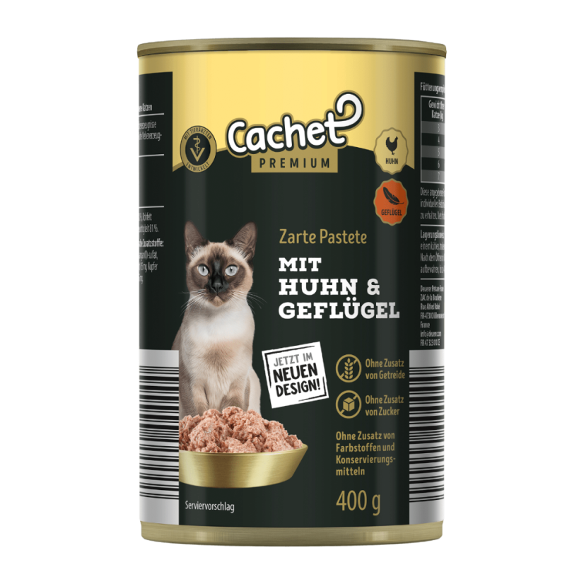 56x Konzervy pro kočky 415g Cachet Premium kousky masa v želé, 4 druhy, VÝHODNÉ PRÉMIOVÉ BALENÍ