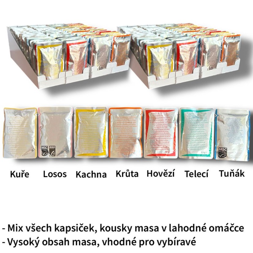 100x Mix veškerých kapsiček pro kočky, 85-100g, Výhodné balení