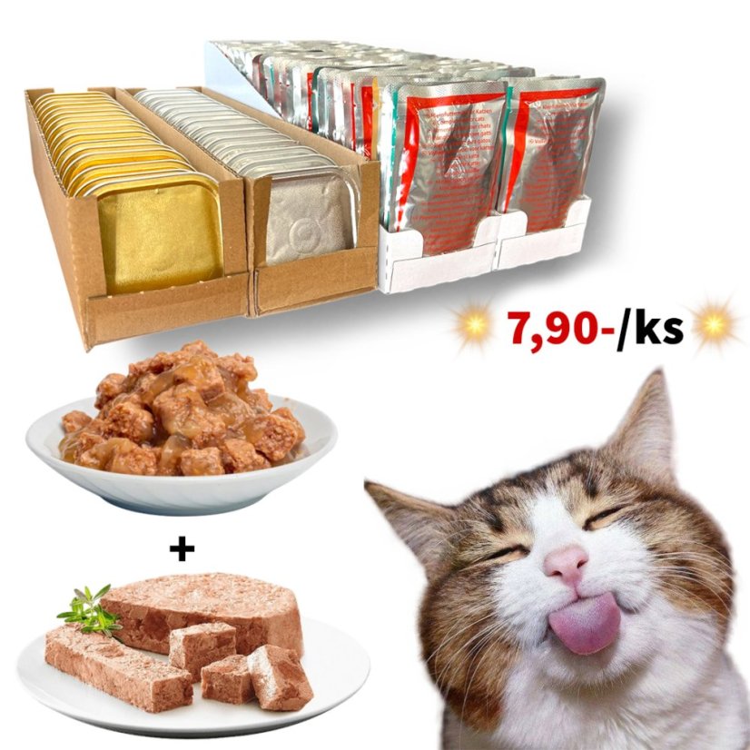 100x Mix kapsiček a vaniček pro kočky, bez polepu 85g - 100g, Výhodné balení