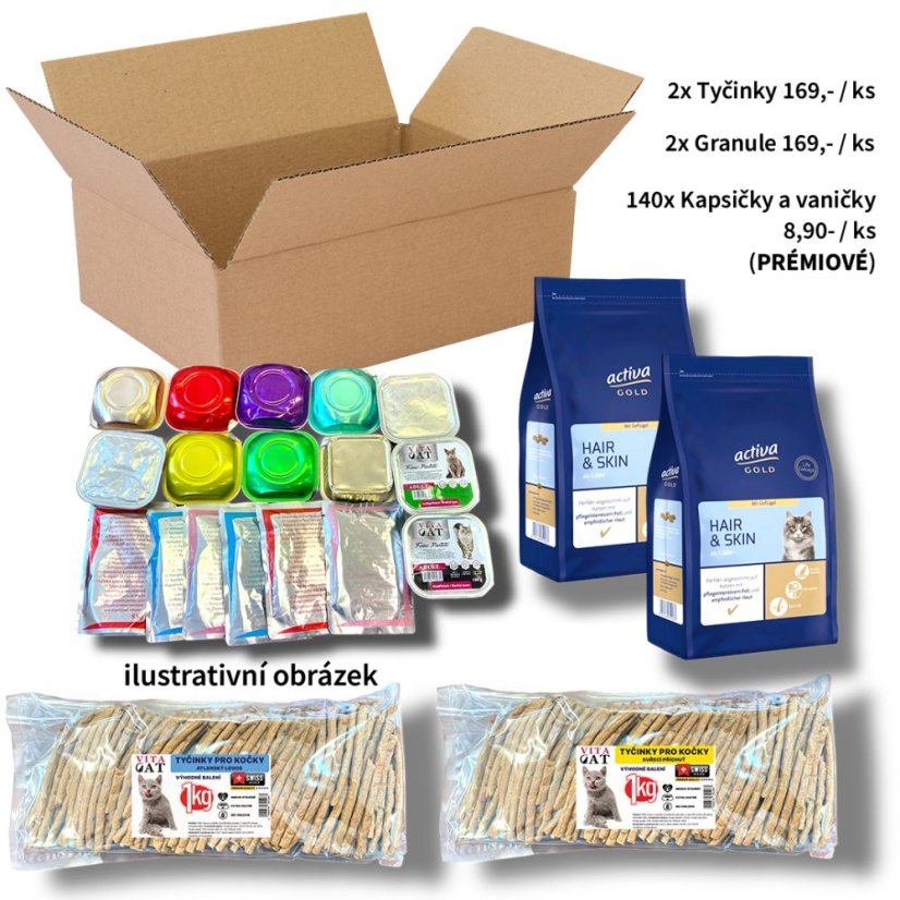 VŠEHOCHUŤ pro kočky, 140x mix kapsiček a vaniček (prémiové) + 2x granule Activa Gold 1,5kg + 2x tyčinky kuře a losos 1kg