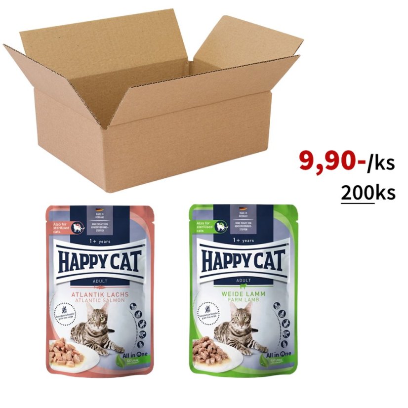 200x Happy Cat kapsičky, mix losos a jehněčí, VÝHODNÉ PRÉMIOVÉ BALENÍ