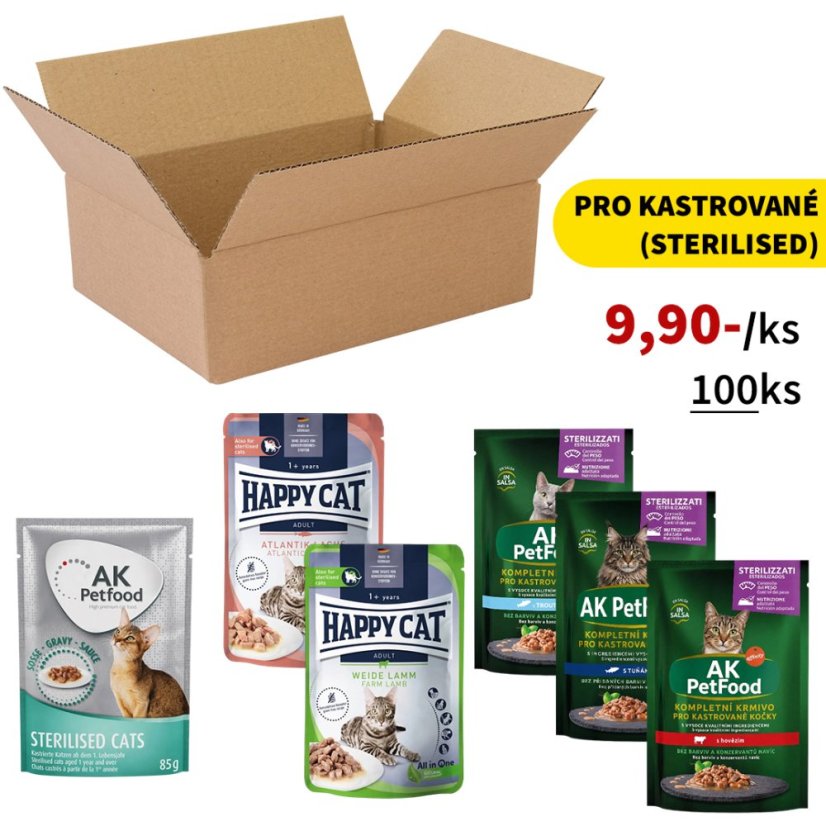 100x Kapsičky pro kastrované kočky, kousky v omáčce - tuňák, pstruh, losos, hovězí, kuřecí a jehněčí, VÝHODNÉ PRÉMIOVÉ BALENÍ