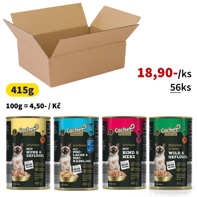 56x Konzervy pro kočky 415g Cachet Premium kousky masa v želé, 4 druhy, VÝHODNÉ PRÉMIOVÉ BALENÍ