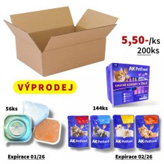 (EXPIRAČNÍ VÝPRODEJ) 200x Mix pro kočky, 4 druhy kapsiček (kousky masa v želé) 100g + vaničky (krémová paštika) 90g s duhovým lososem a aloe vera