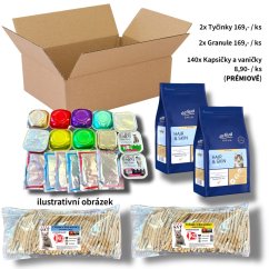 VŠEHOCHUŤ pro kočky, 140x mix kapsiček a vaniček (prémiové) + 2x granule Activa Gold 1,5kg + 2x tyčinky kuře a losos 1kg