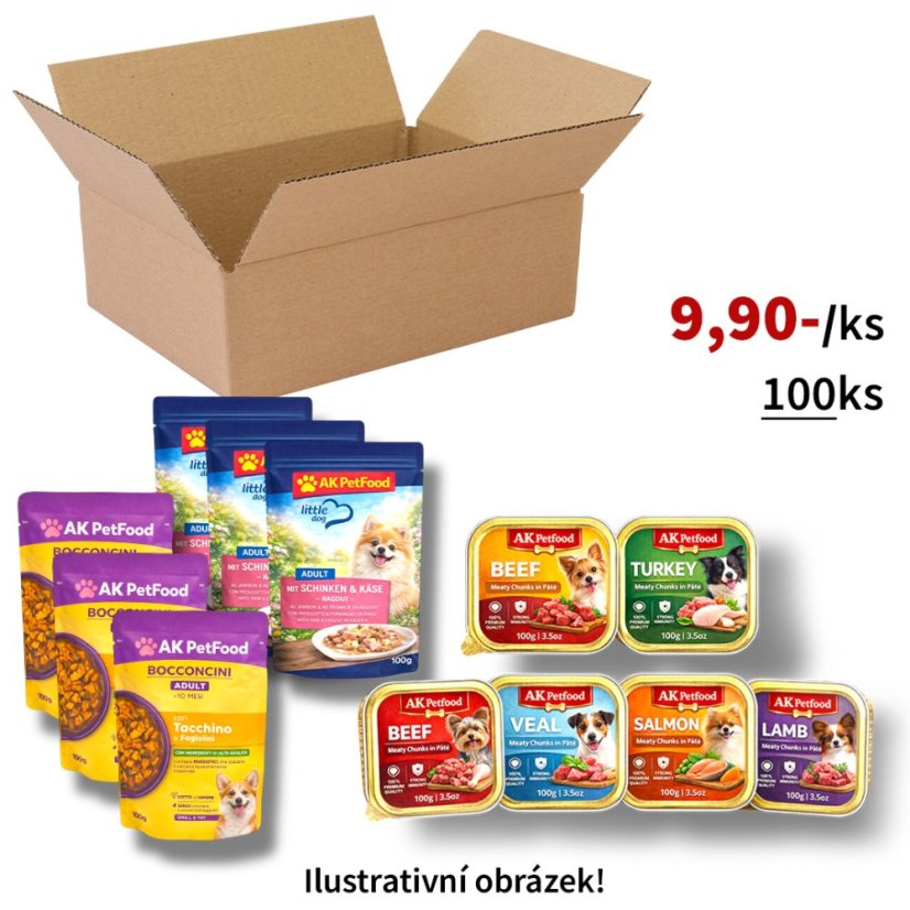 100x Mix různých prémiových značek a druhů kapsiček a vaniček pro psy 100g, VÝHODNÉ PRÉMIOVÉ BALENÍ