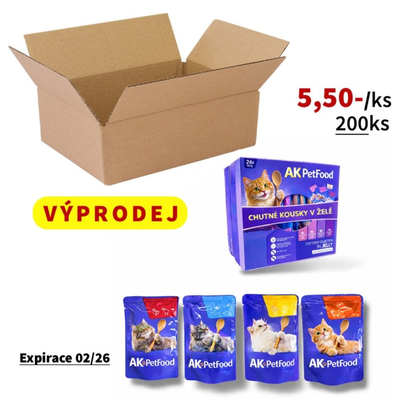 (EXPIRAČNÍ VÝPRODEJ) 200x Kapsičky pro kočky 100g, mix 4 druhy, kousky masa v želé