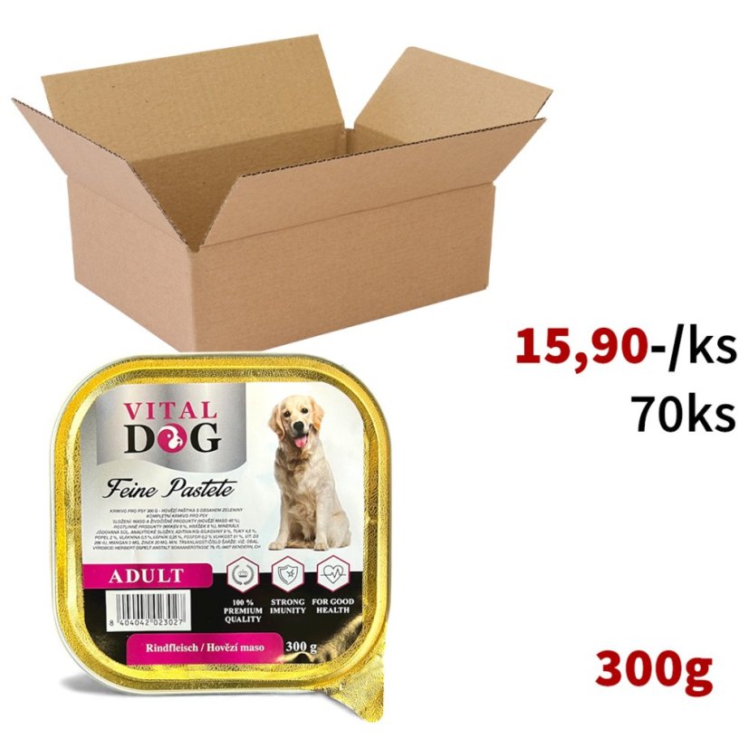 70x Vital Dog vaničky pro psy 300g, ragú, kousky masa v omáčce, hovězí, VÝHODNÉ BALENÍ