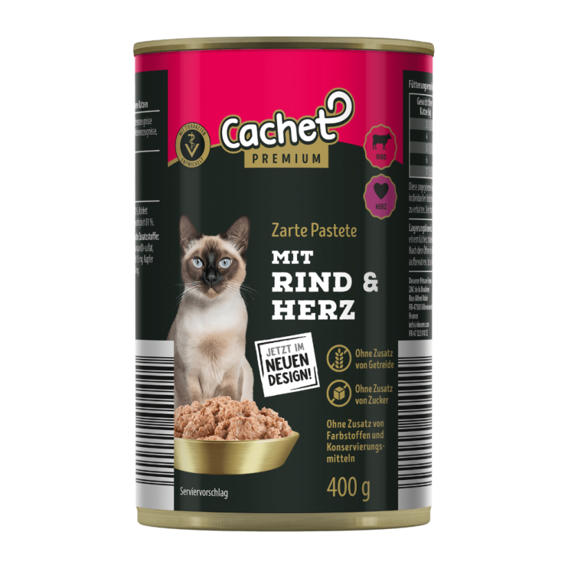 56x Konzervy pro kočky 415g Cachet Premium kousky masa v želé, 4 druhy, VÝHODNÉ PRÉMIOVÉ BALENÍ