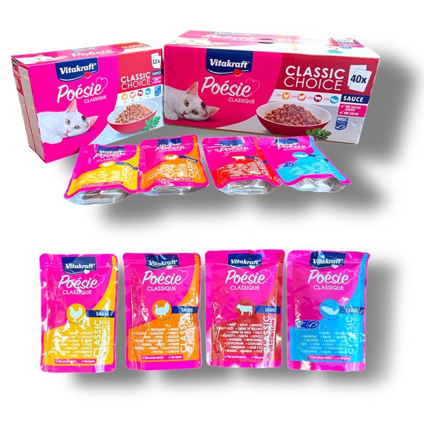 100x Mix kapsiček pro kočky Happy Cat + Vitakraft Poésie Classique, VÝHODNÉ BALENÍ